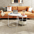 WLIVE White Round Nest of Coffee Tables Set with Fabric Basket