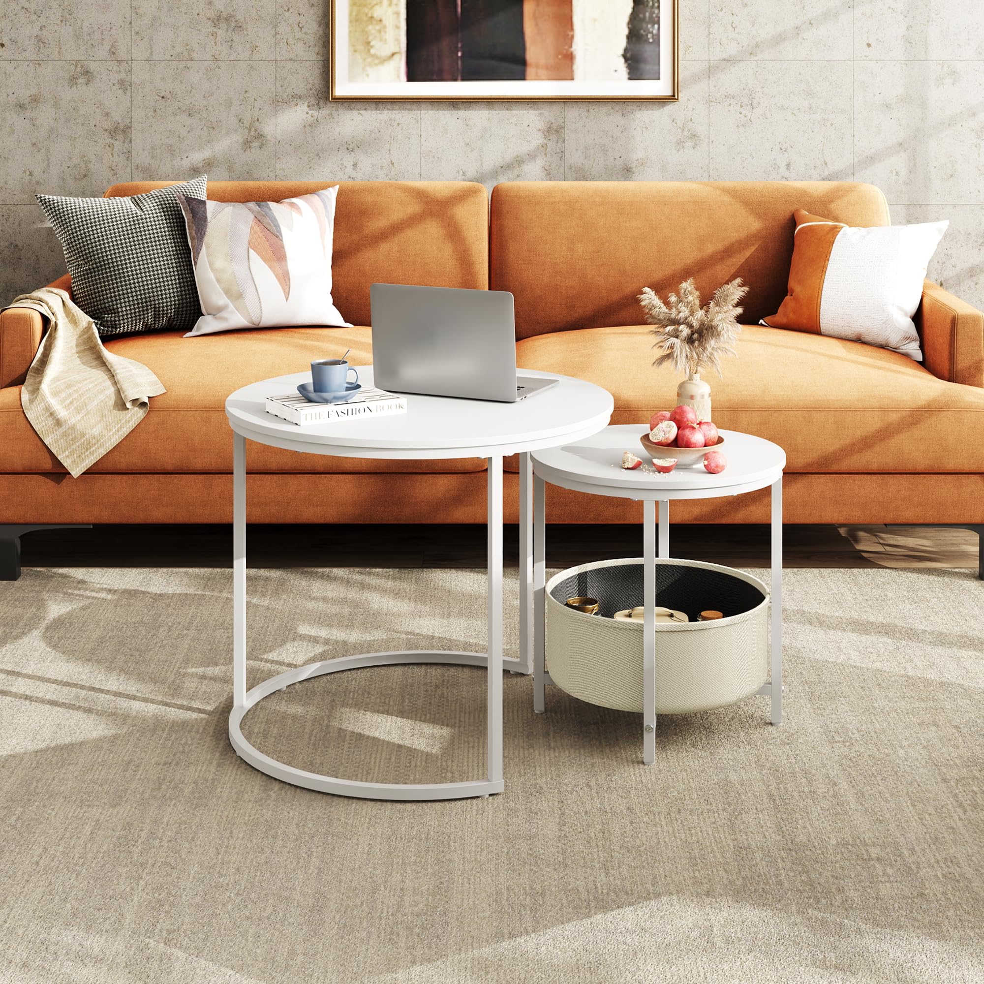 WLIVE White Round Nest of Coffee Tables Set with Fabric Basket