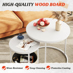 WLIVE White Round Nest of Coffee Tables Set with Fabric Basket