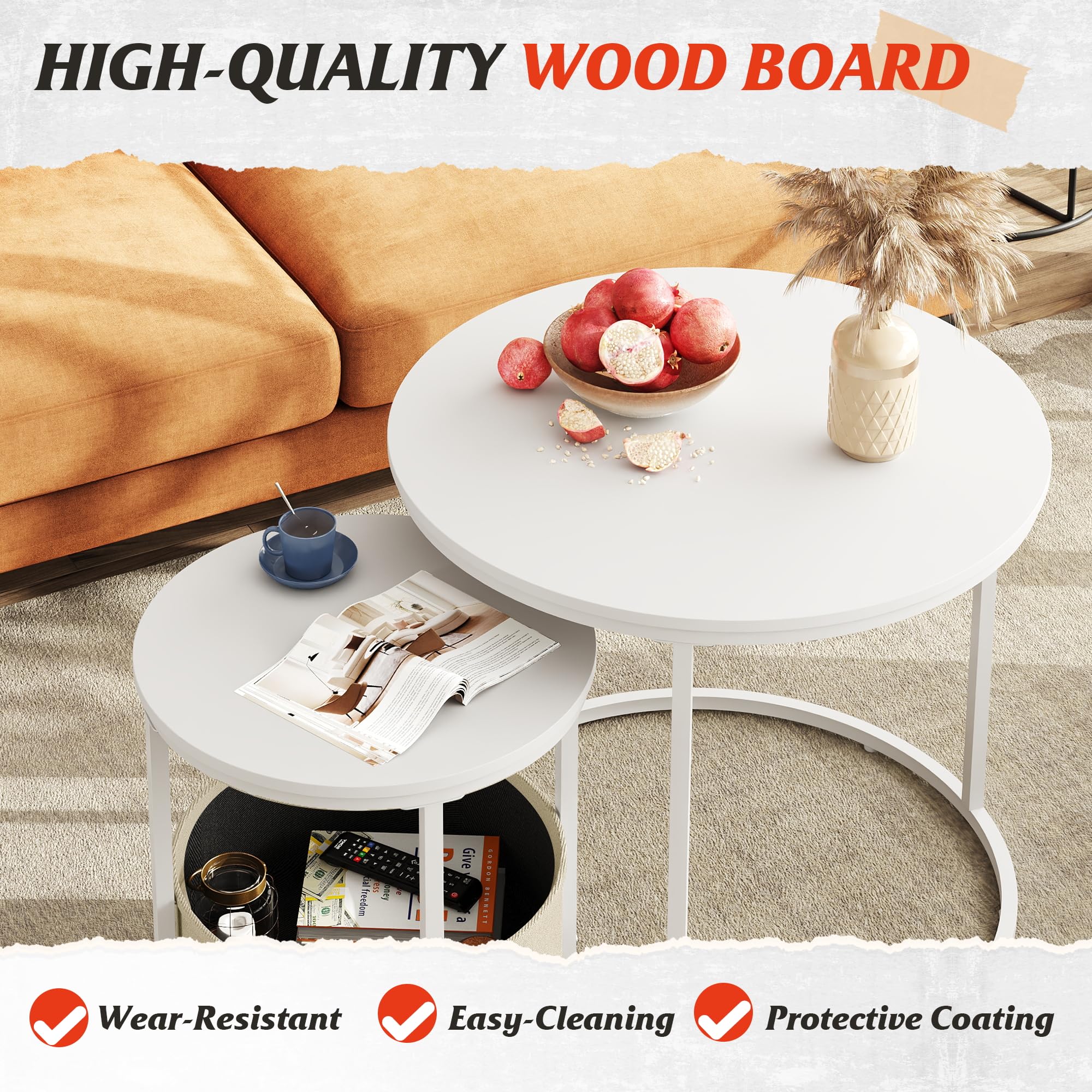 WLIVE White Round Nest of Coffee Tables Set with Fabric Basket