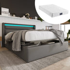 Hydraulic storage bed with LED lighting strip and grey upholstery