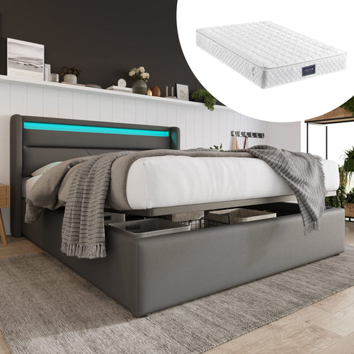 Hydraulic storage bed with LED lighting strip and grey upholstery