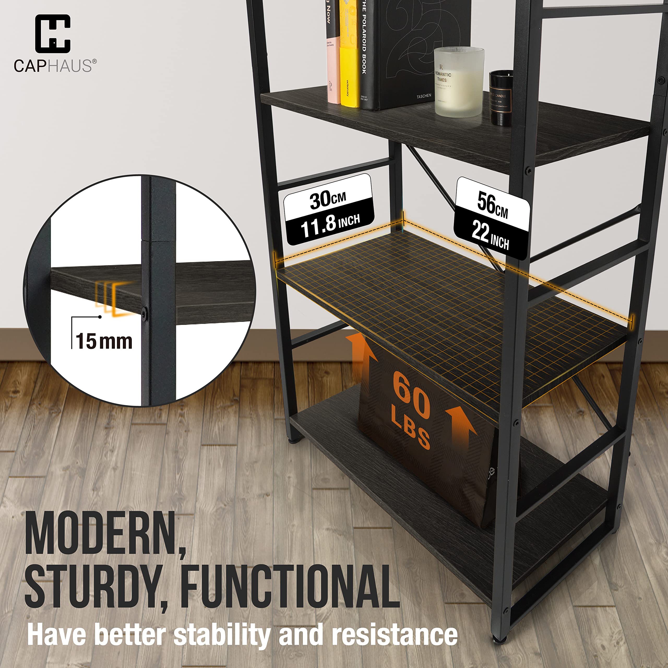CAPHAUS 5 Tier Industrial Bookshelf with Black Vintage Shelves