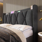 Huyuee Upholstered Bed with Charging Port and Four Drawers in Linen Grey