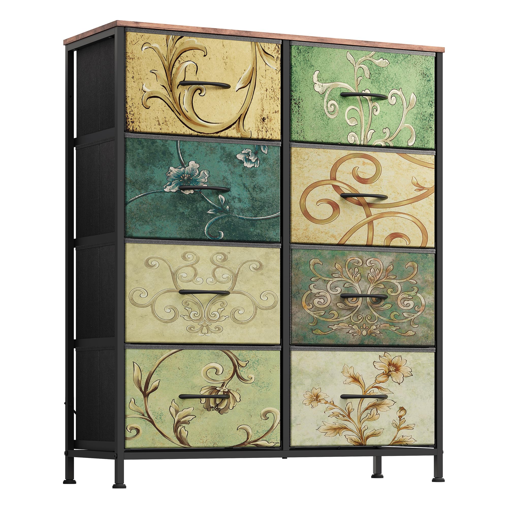 WLIVE 8 Drawer Chest of Drawers with vintage print fabric and sturdy steel frame