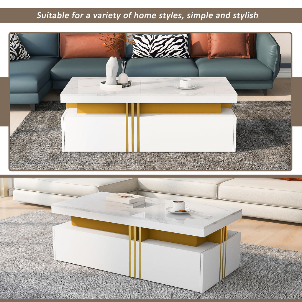 BTM Modern Rectangular Coffee Table with Imitation Marble Top