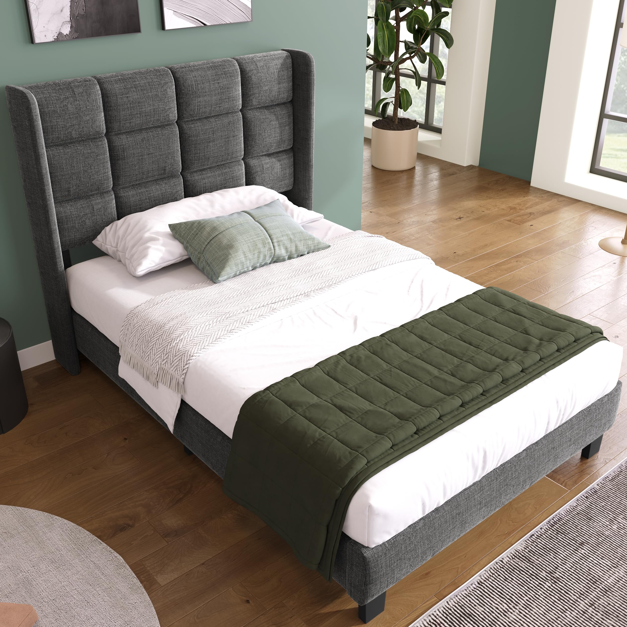 Merax Grey Upholstered Bed with Slatted Base