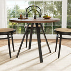 Round dining table with walnut-colored MDF top and black metal legs
