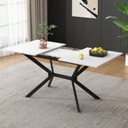White rectangular dining table with black metal legs, expandable from 120 to 160 cm