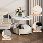 WLIVE Round White Coffee Table with Fabric Basket