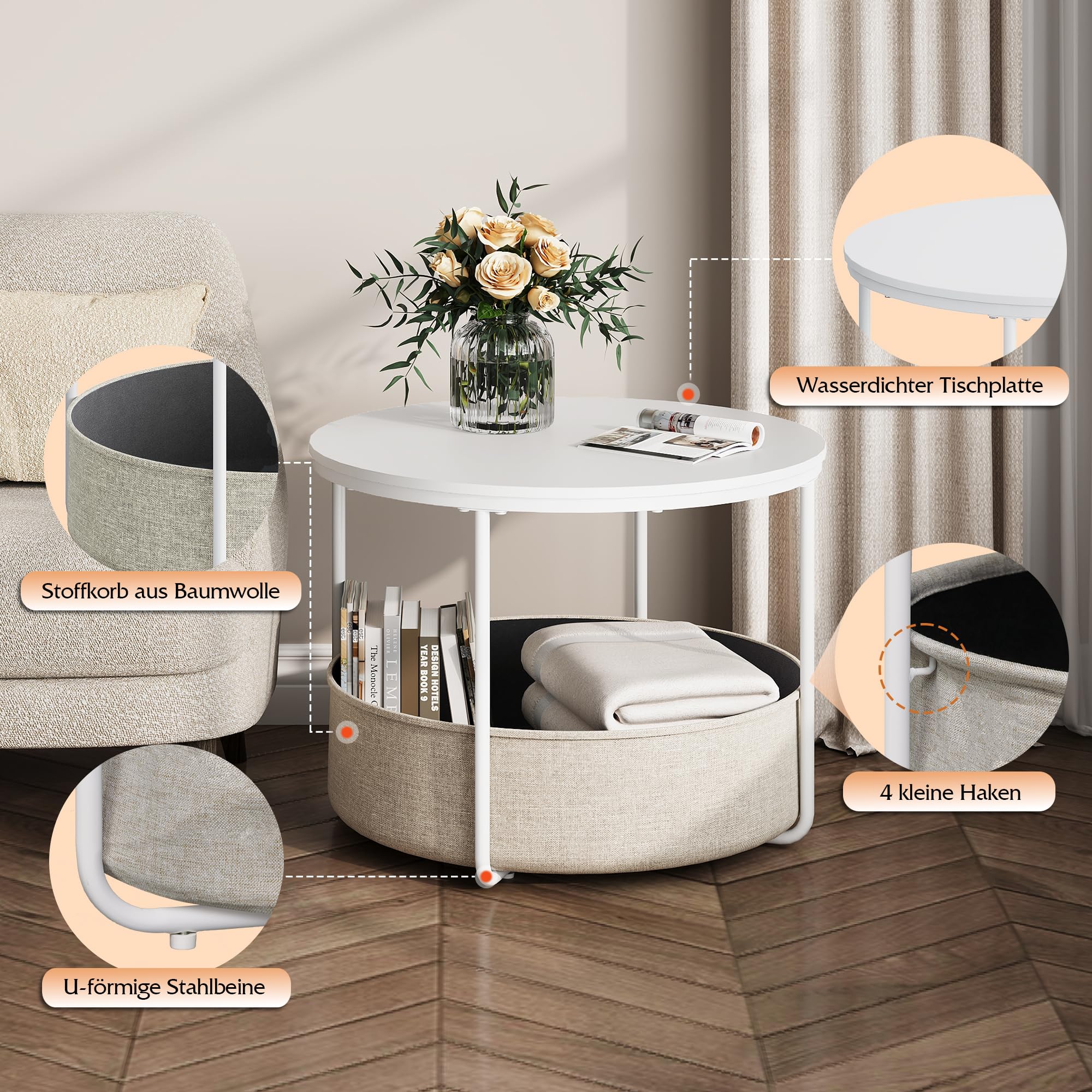 WLIVE Round White Coffee Table with Fabric Basket