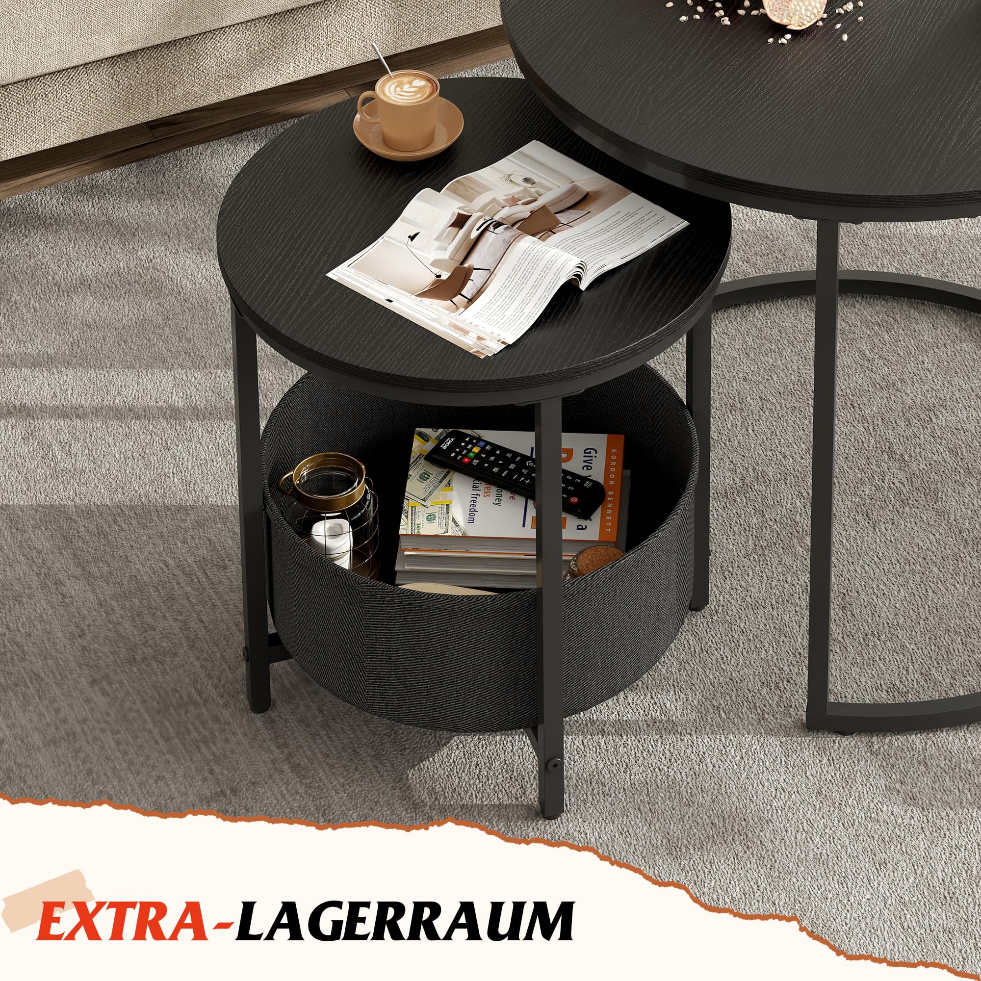 WLIVE Round Coffee Table Set with Storage, Black Metal Frame