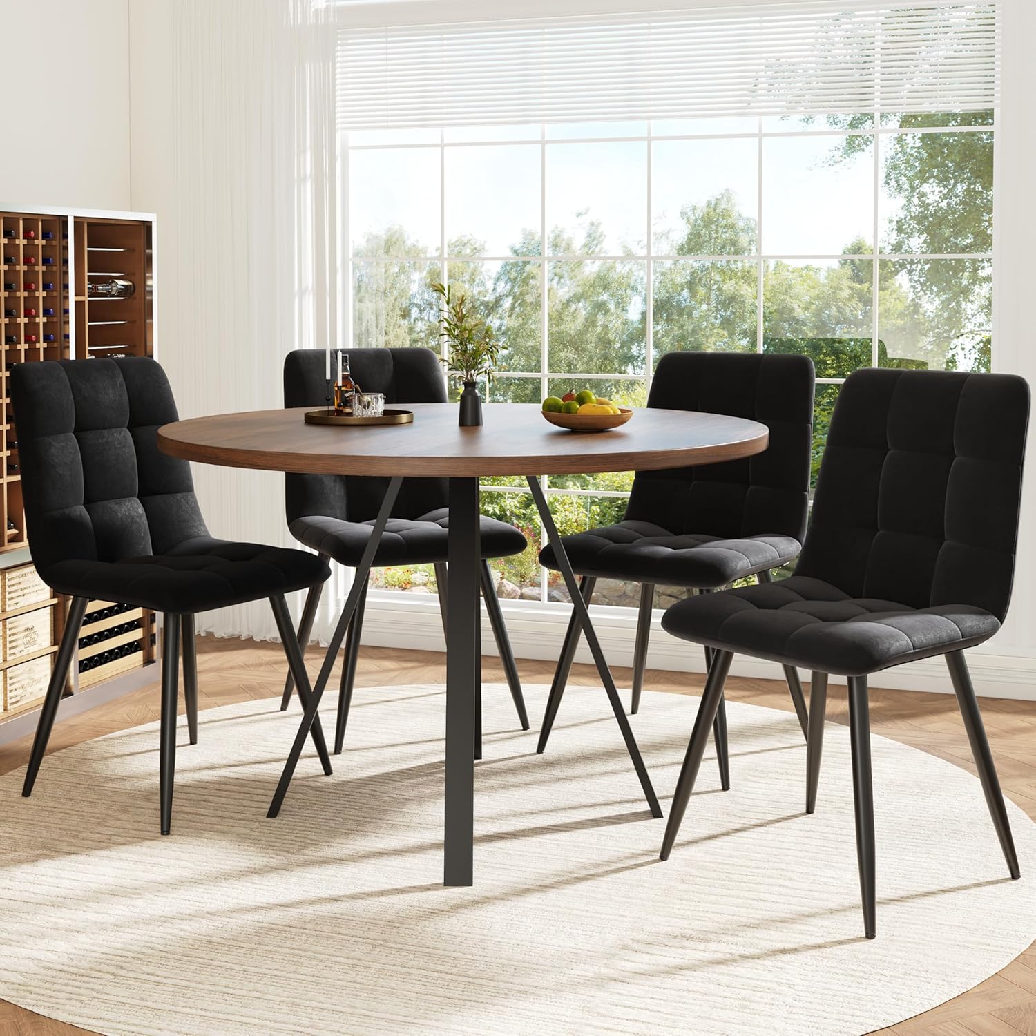 ZKLOEP Round Dining Table - Walnut and Black Metal Legs