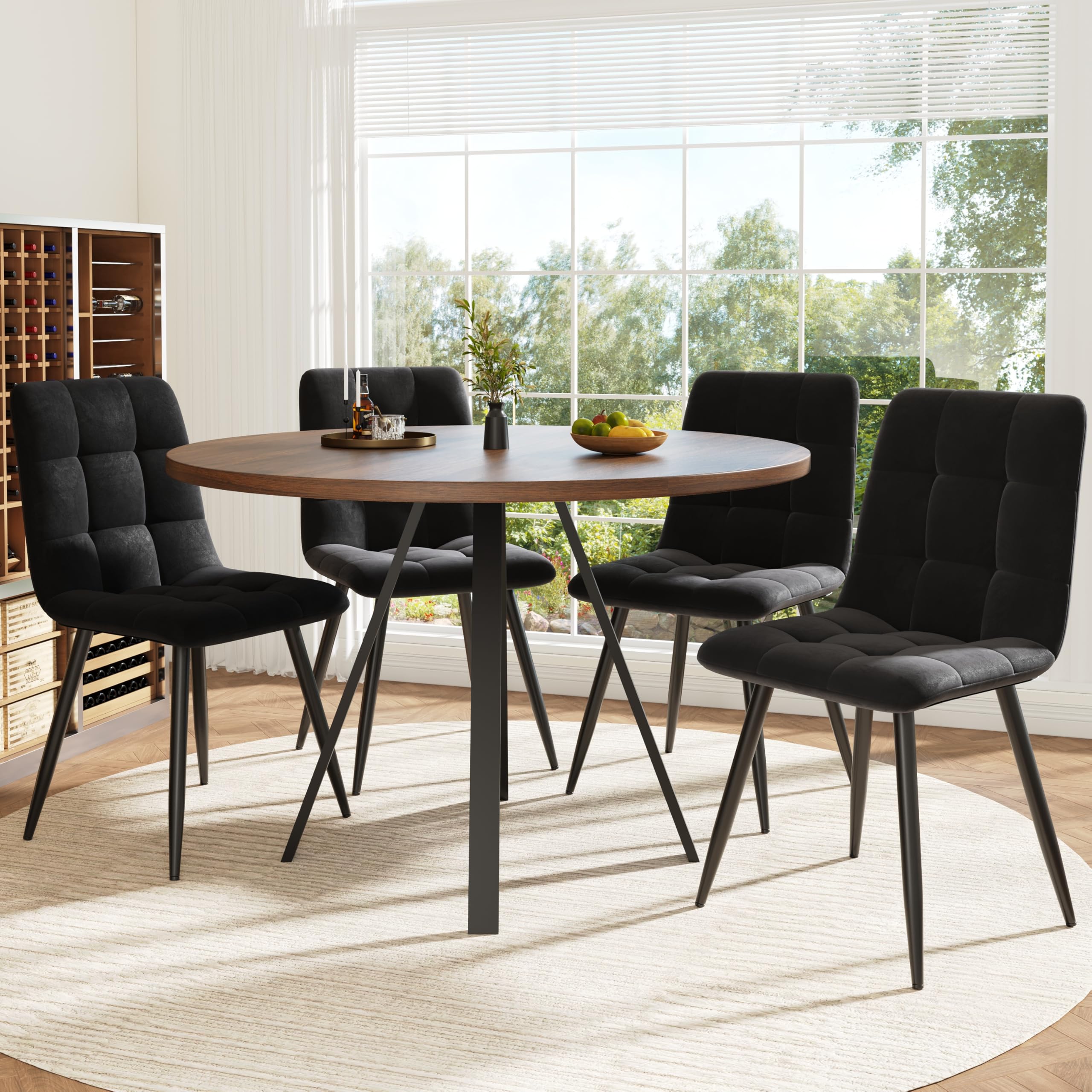 ZKLOEP Round Dining Table, Walnut-Colored MDF Top and Black Metal Legs