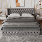 HAINEW Chesterfield Style Upholstered Bed with Hydraulic Storage