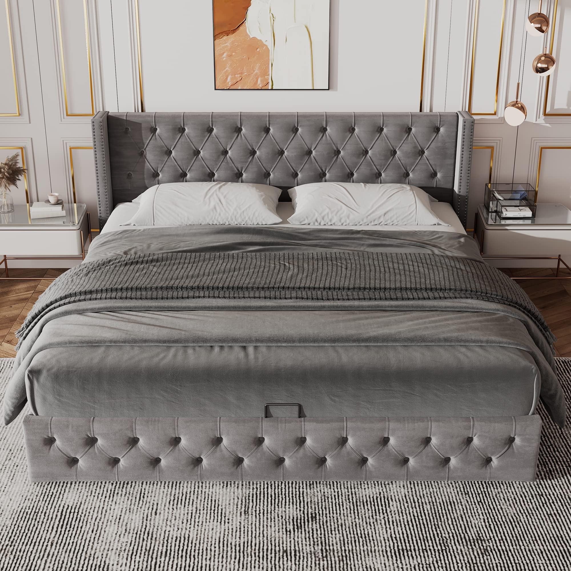 HAINEW Chesterfield Style Upholstered Bed with Hydraulic Storage