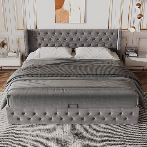 HAINEW Chesterfield Style Upholstered Bed with Hydraulic Storage