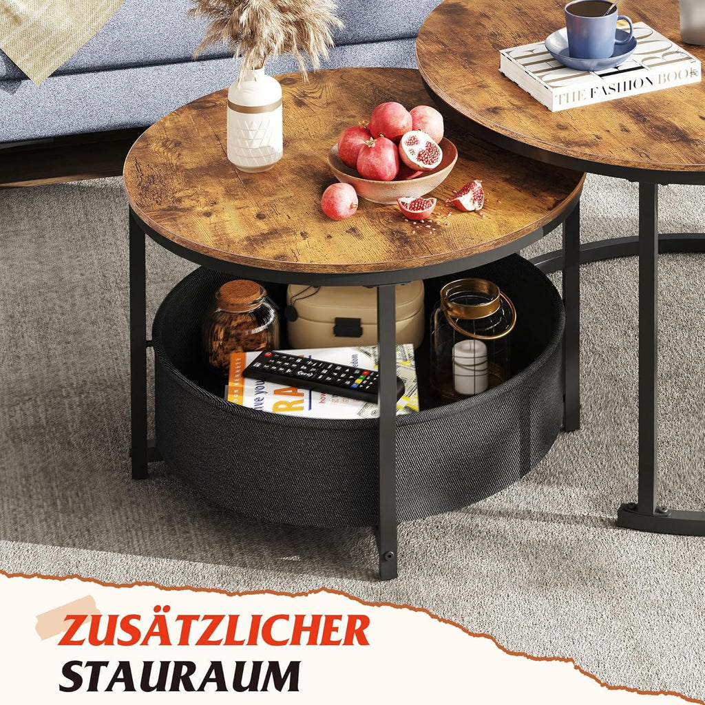 WLIVE Round Side Table Set with Storage Baskets, Brown