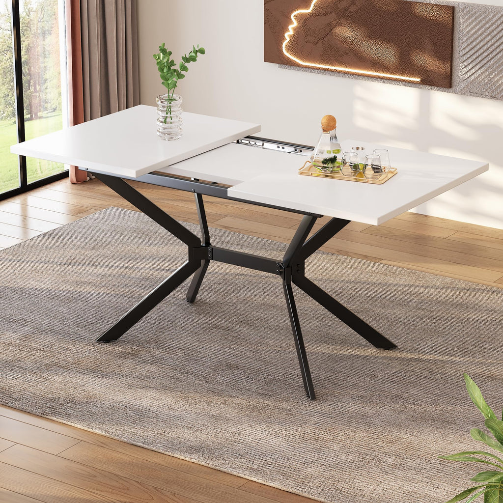 MURUL White Expandable Dining Table with Black Metal Legs