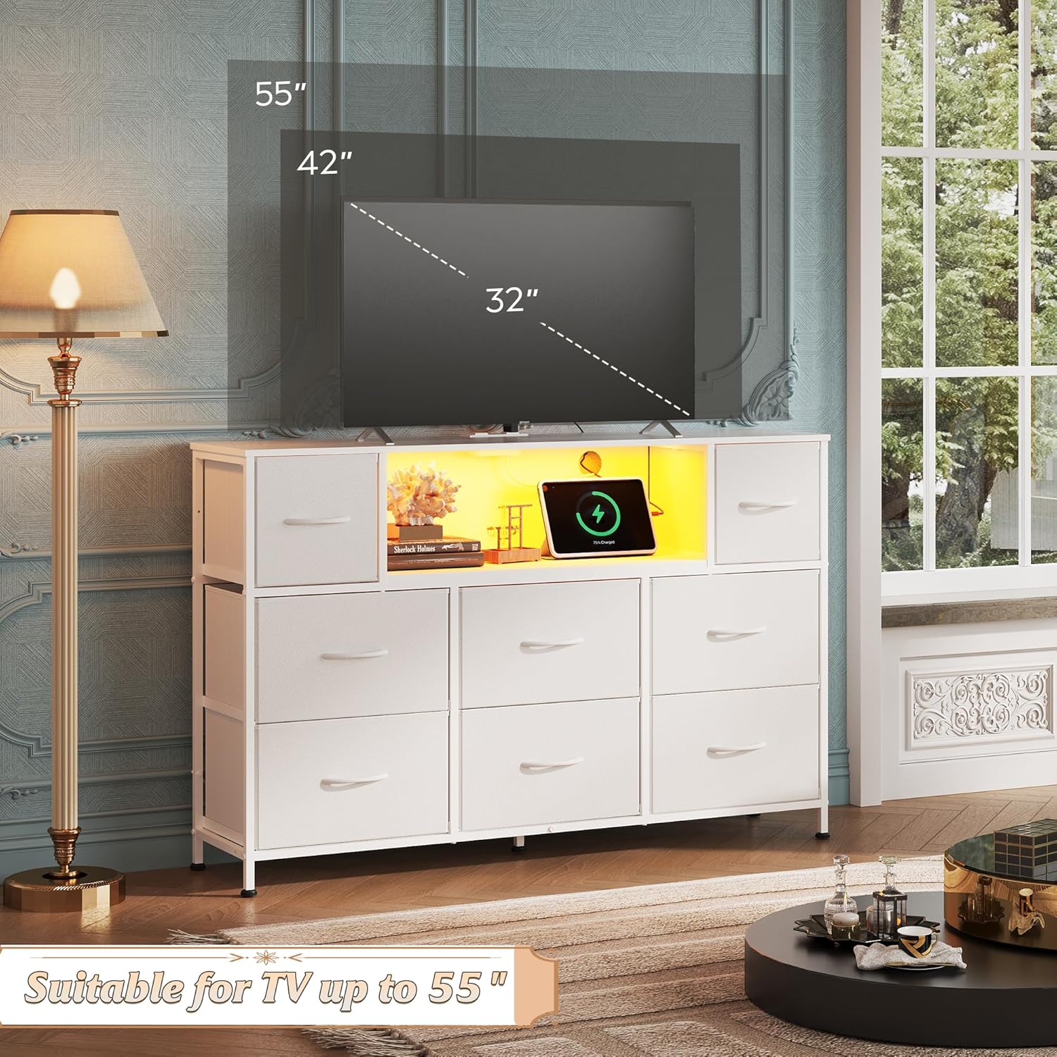 WLIVE White Dresser TV Stand with LED Lights and Charging Station