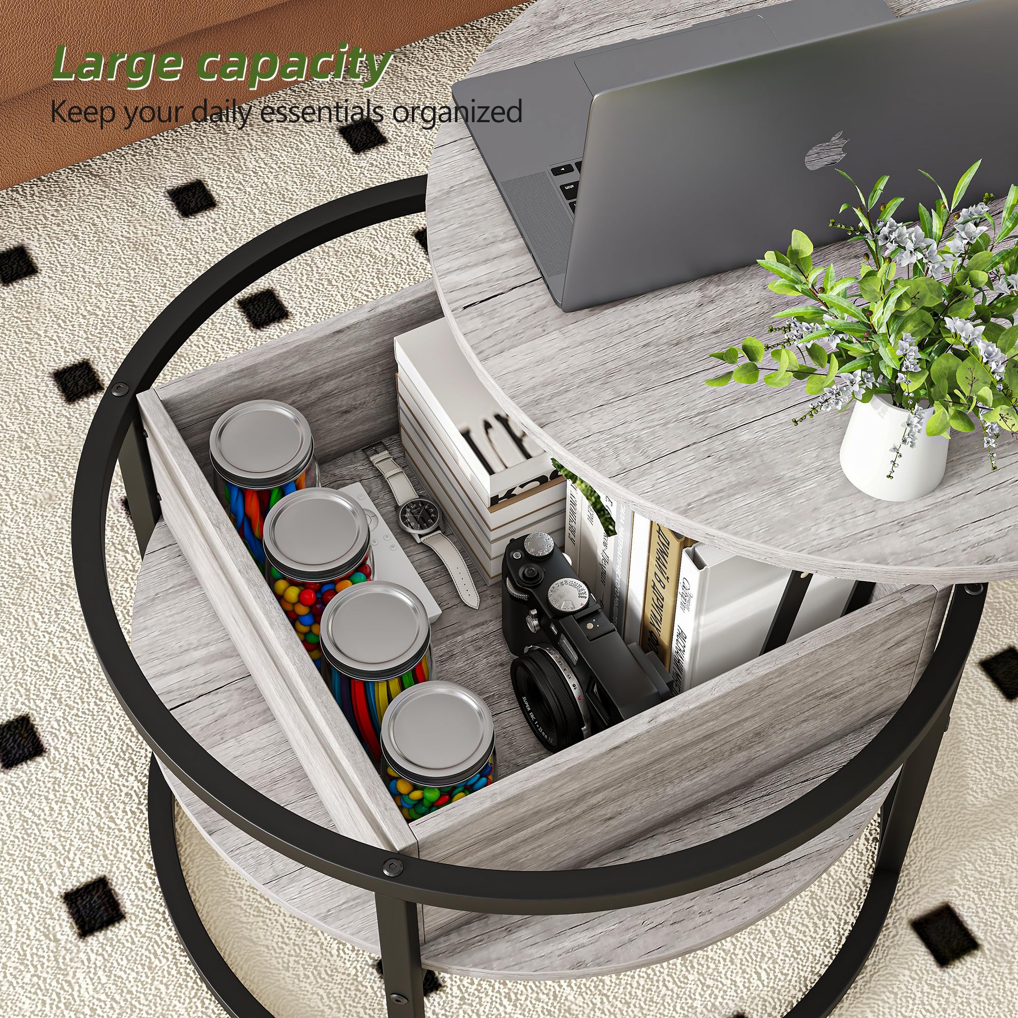 HOJINLINERO Modern Grey Lift Top Coffee Table with Storage