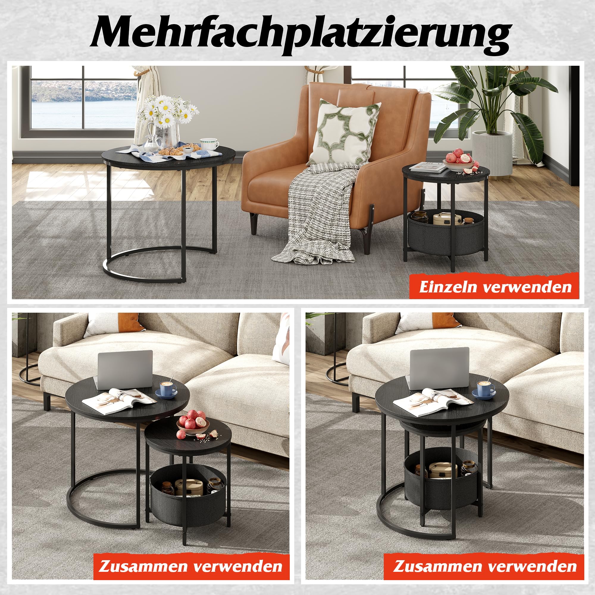 WLIVE Round Coffee Table Set with Storage, Black Metal Frame