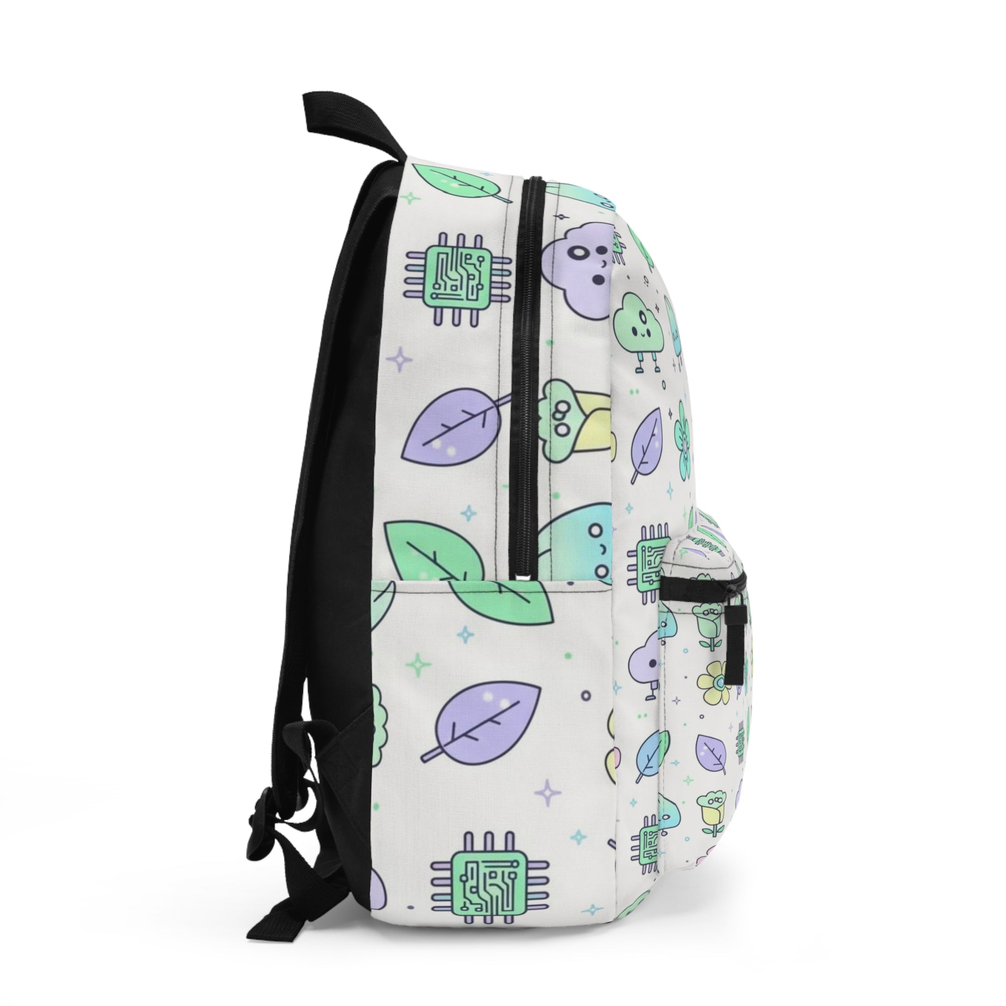 Kawaii Pastel Tech & Nature Backpack – Cute Cloud, Leaf & Flower Pattern