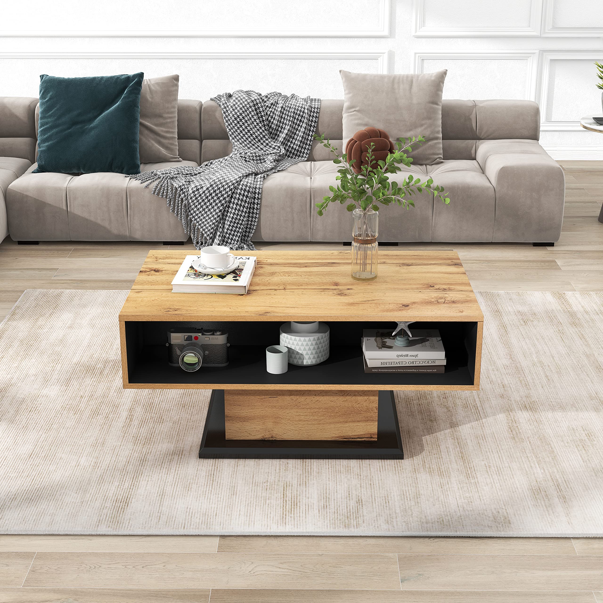 RanRan modern coffee table with oak wood grain finish and storage compartments