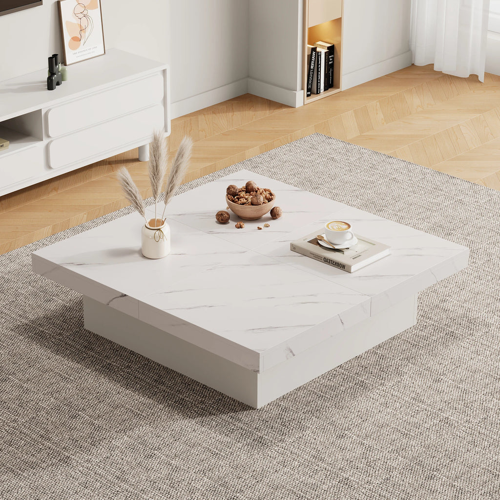 Modern white square coffee table with marble effect top and four drawers