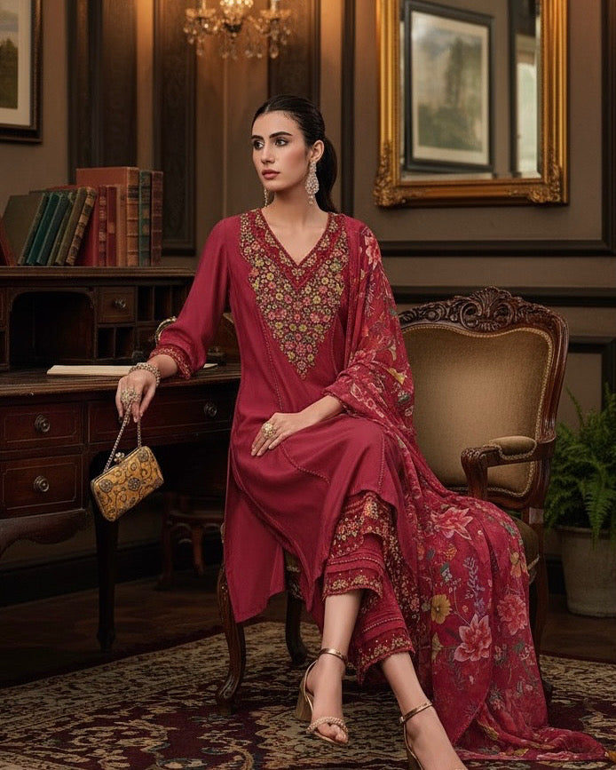 Women's Silk Blend Embroidered A-Line Kurta Pant with Dupatta Set – Elegant Ethnic Wear