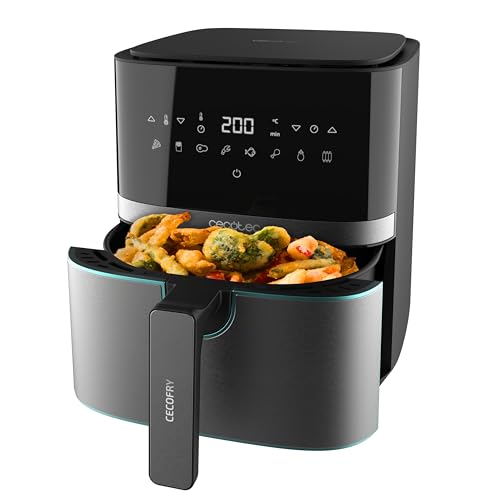 Experience healthy cooking with Cecotec's 5.5L oil-free hot air fryer. Enjoy 8 cooking modes and PerfectCook technology for delicious meals. Keywords: hot air fryer, oil-free, digital touchpad