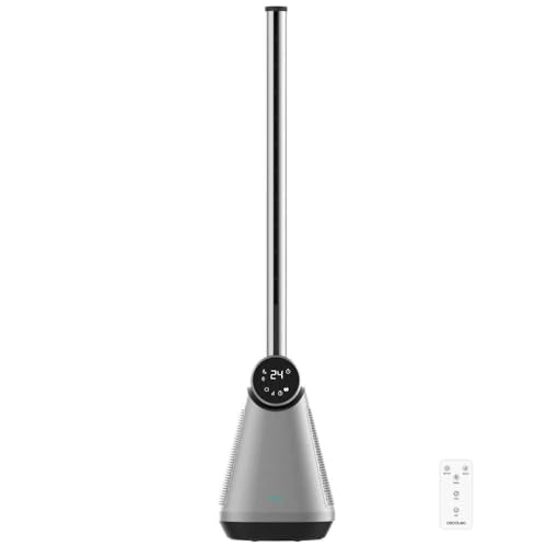 Experience the Cecotec Bladeless Tower Fan with 50W power, LED touch screen, remote control, 3 modes, and 15-hour timer. Perfect for cooling any space! Keywords: bladeless fan, tower fan, remote control