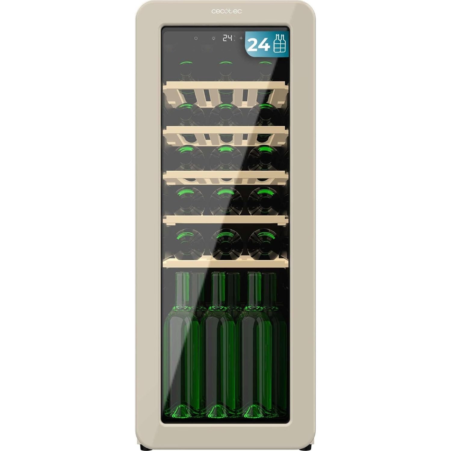 Explore the Cecotec Retro Wine Cellar for 24 bottles. Features a stylish beige design, LED display, and low noise operation. Perfect for wine enthusiasts!