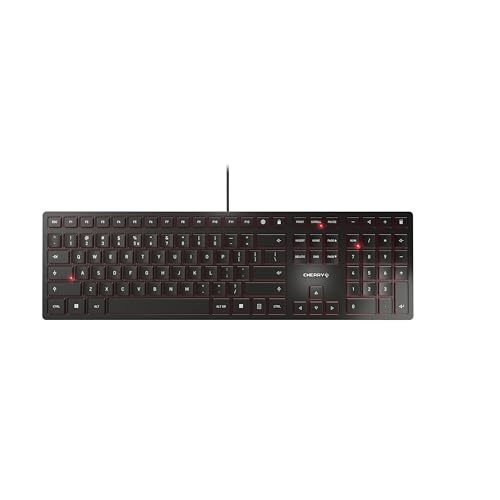 Shop the Cherry Ultra-Slim Wired USB Keyboard featuring a sleek design, QWERTY layout, and reliable performance for home and office use. Perfect for productivity!