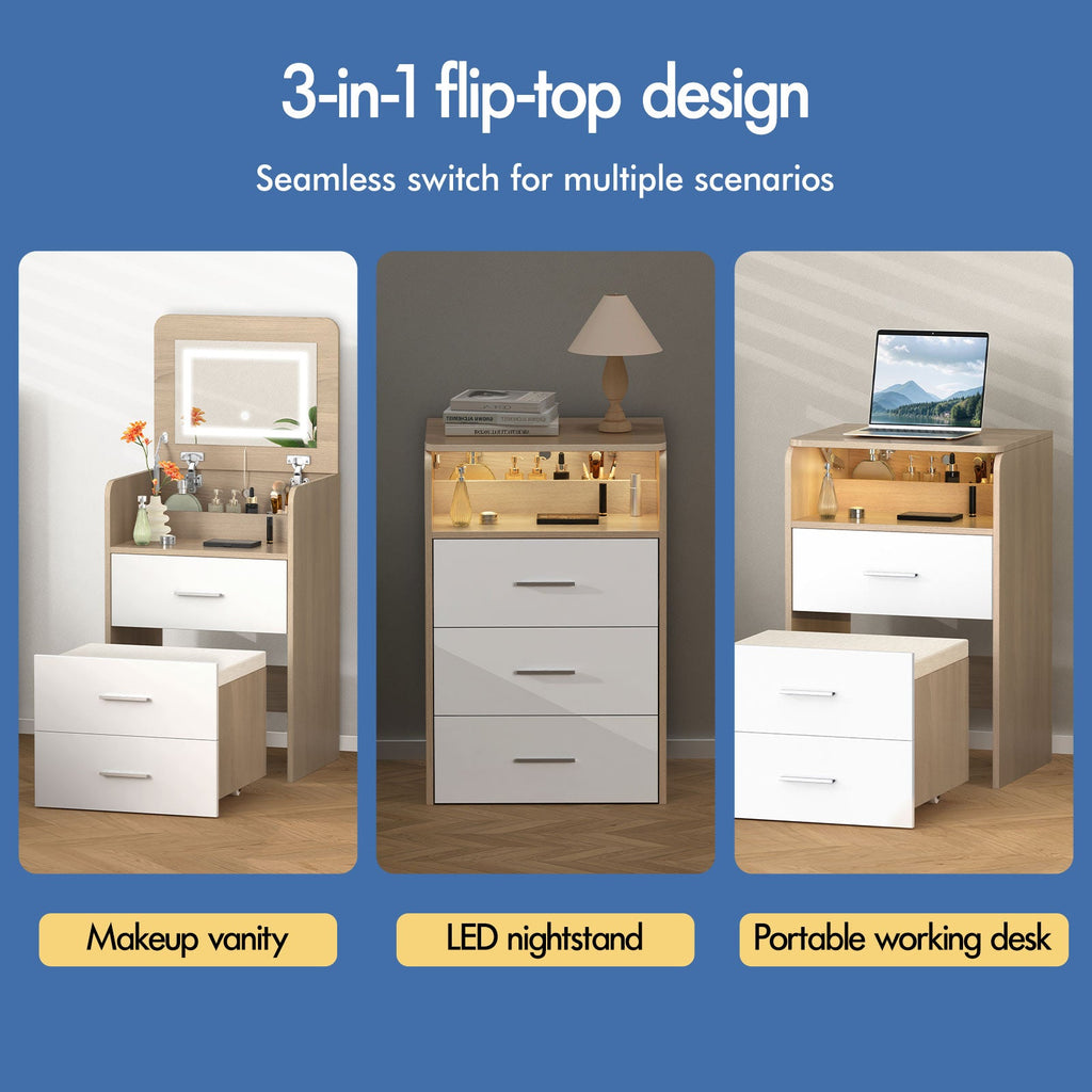 ALFORDSON 3-in-1 Dressing Table with LED Lighting and Stool