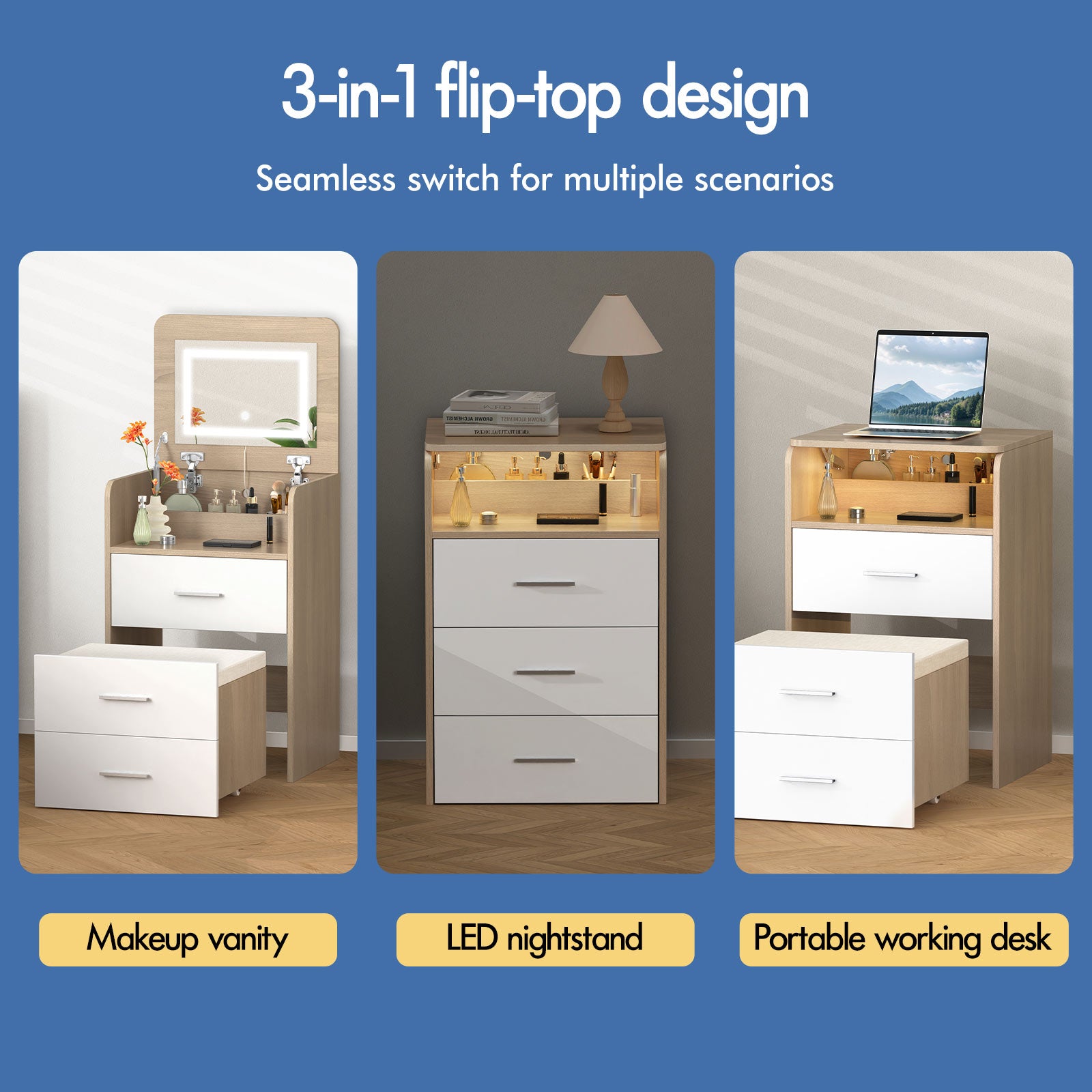 ALFORDSON 3-in-1 Dressing Table with LED Lighting and Stool