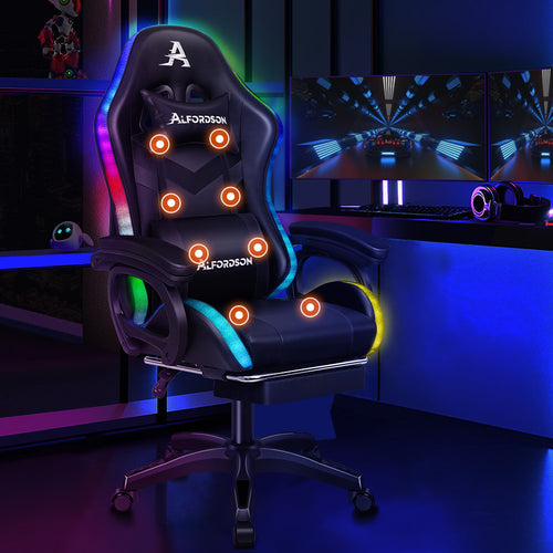 Alfordson Massage Gaming Chair with 12 RGB LED Footrest in black color