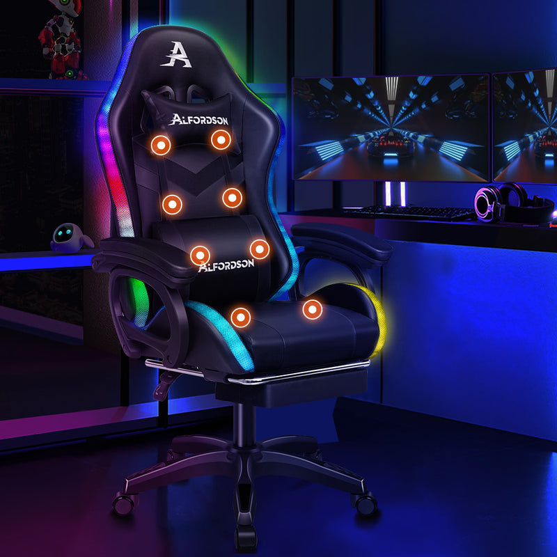 Alfordson Massage Gaming Chair with 12 RGB LED Footrest in black color