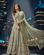 Women's Light Green Embroidered Flared Gown – Party, Wedding & Festive Wear