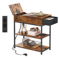 WLIVE Slim Side Table 3 Tier Bedside Table with Charging Station and Shelf for Living Room Bedroom Kitchen Retro Brown