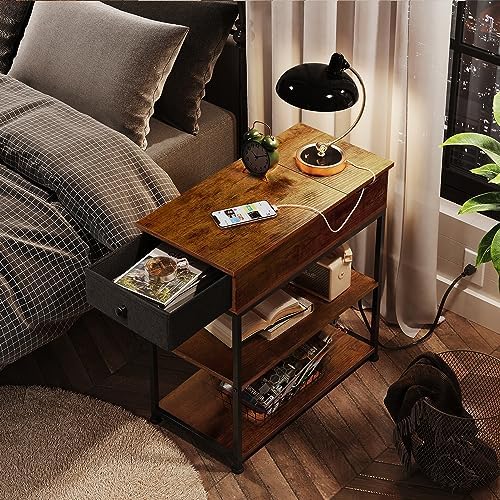 WLIVE Slim Side Table 3 Tier Bedside Table with Charging Station and Shelf for Living Room Bedroom Kitchen Retro Brown
