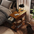 WLIVE Slim Side Table 3 Tier Bedside Table with Charging Station and Shelf for Living Room Bedroom Kitchen Retro Brown