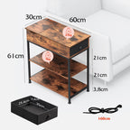 WLIVE Slim Side Table 3 Tier Bedside Table with Charging Station and Shelf for Living Room Bedroom Kitchen Retro Brown