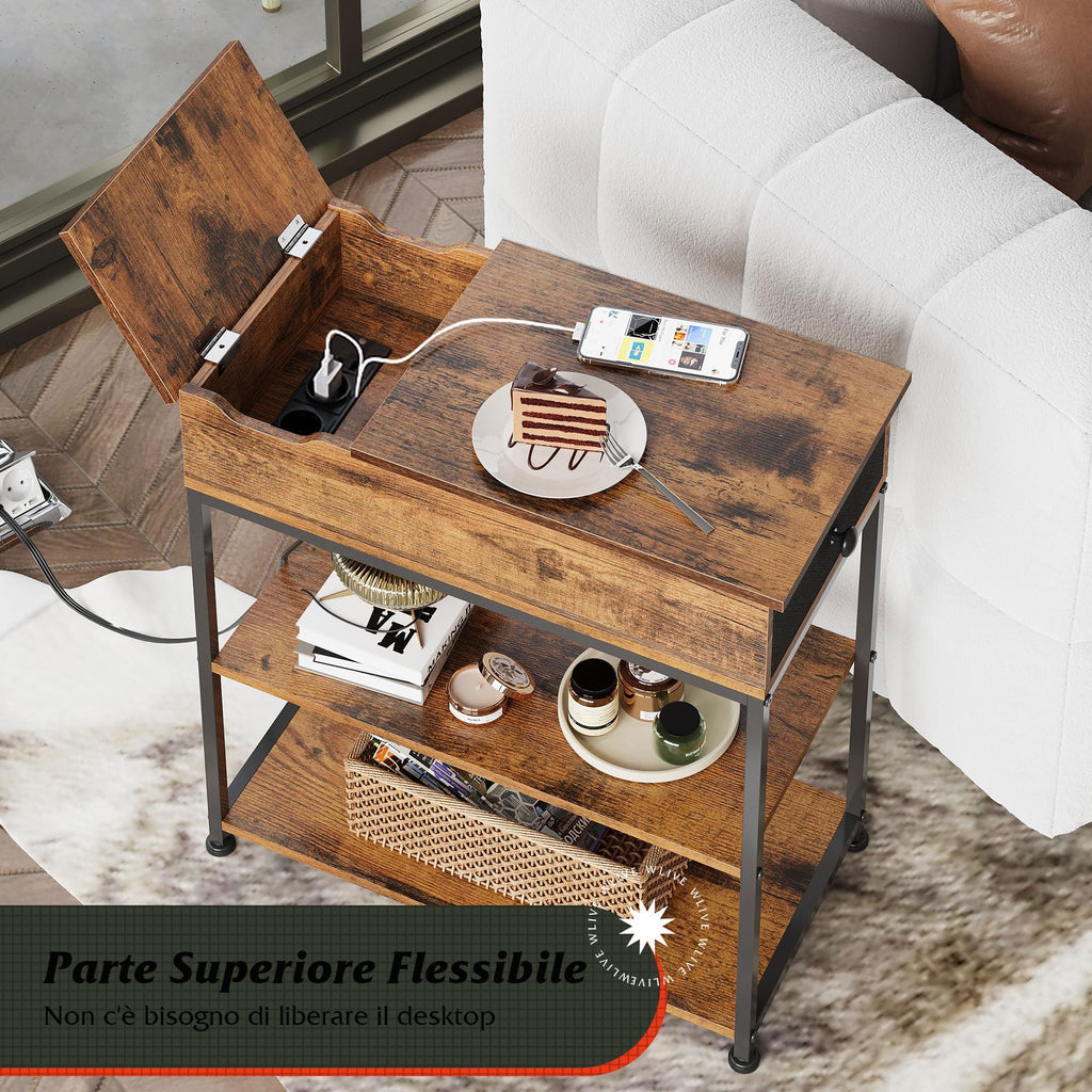 WLIVE Slim Side Table 3 Tier Bedside Table with Charging Station and Shelf for Living Room Bedroom Kitchen Retro Brown