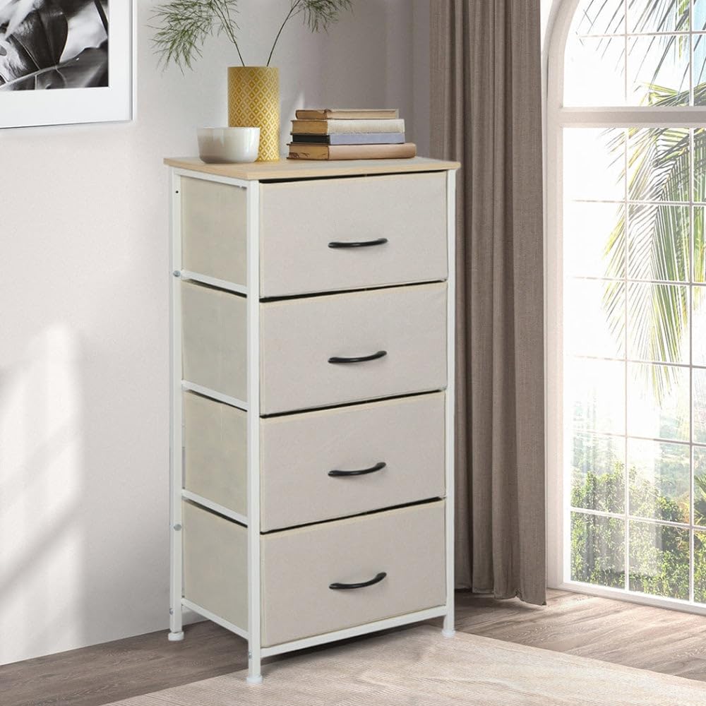 LEVEDE Chest of 4 Drawers, Tallboy Storage Cabinet, Fabric Tower Dresser Organizer Clothes Toys Storage Unit, Home Furniture for Bedroom, Living Room, Hallway, Office (Beige)