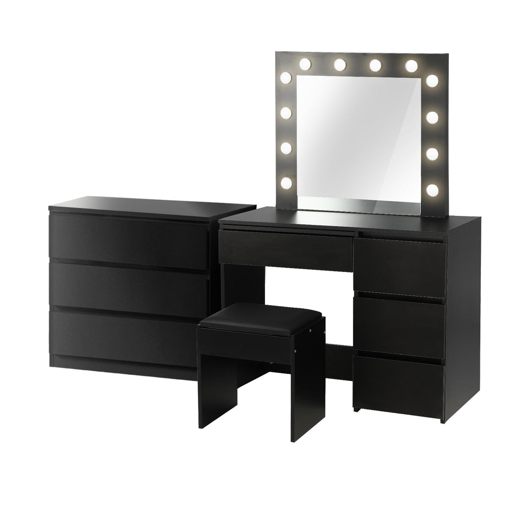 Oikiture Vanity with Mirror and 4 Drawer, 3 Side Chest Drawers, Black
