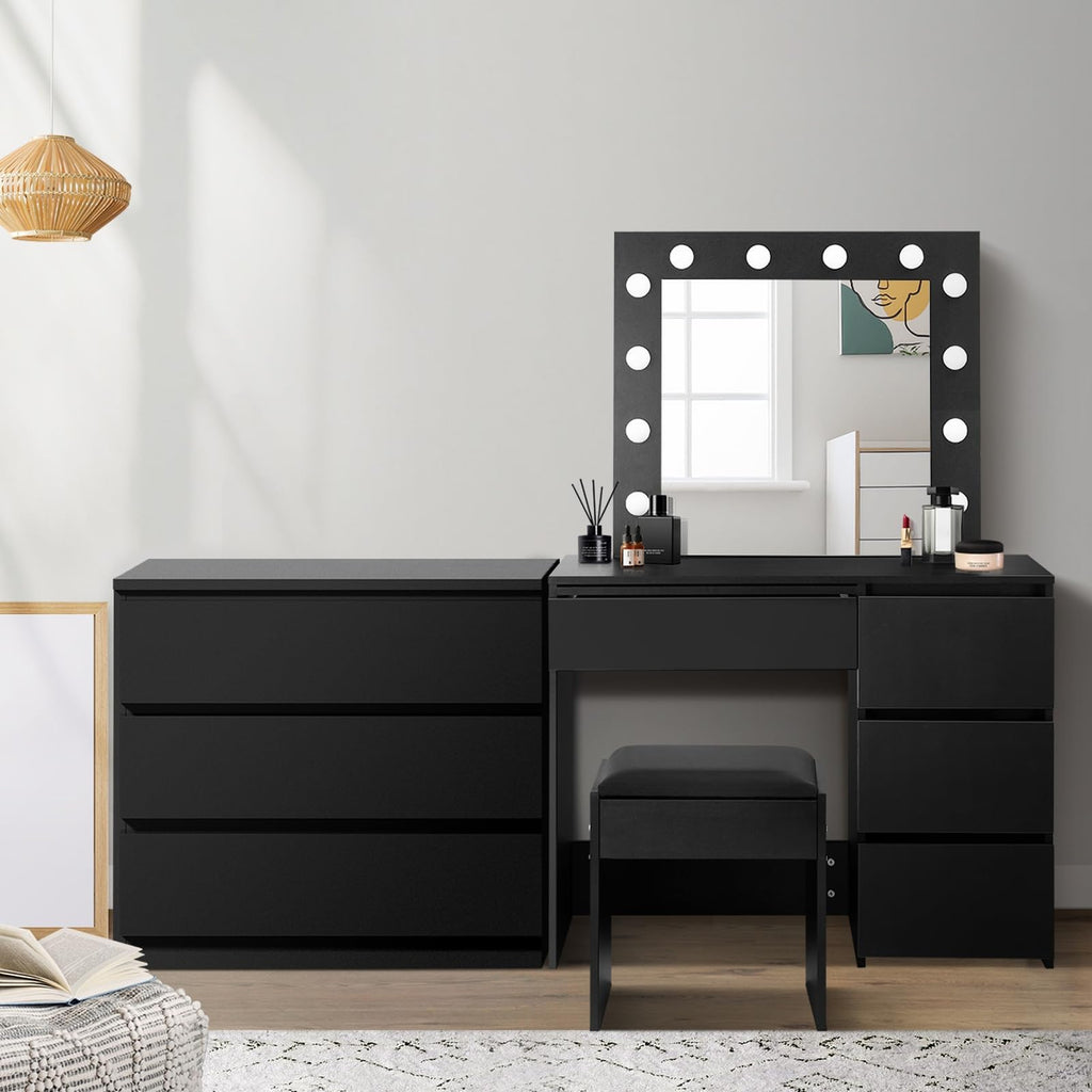 Oikiture Vanity with Mirror and 4 Drawer, 3 Side Chest Drawers, Black