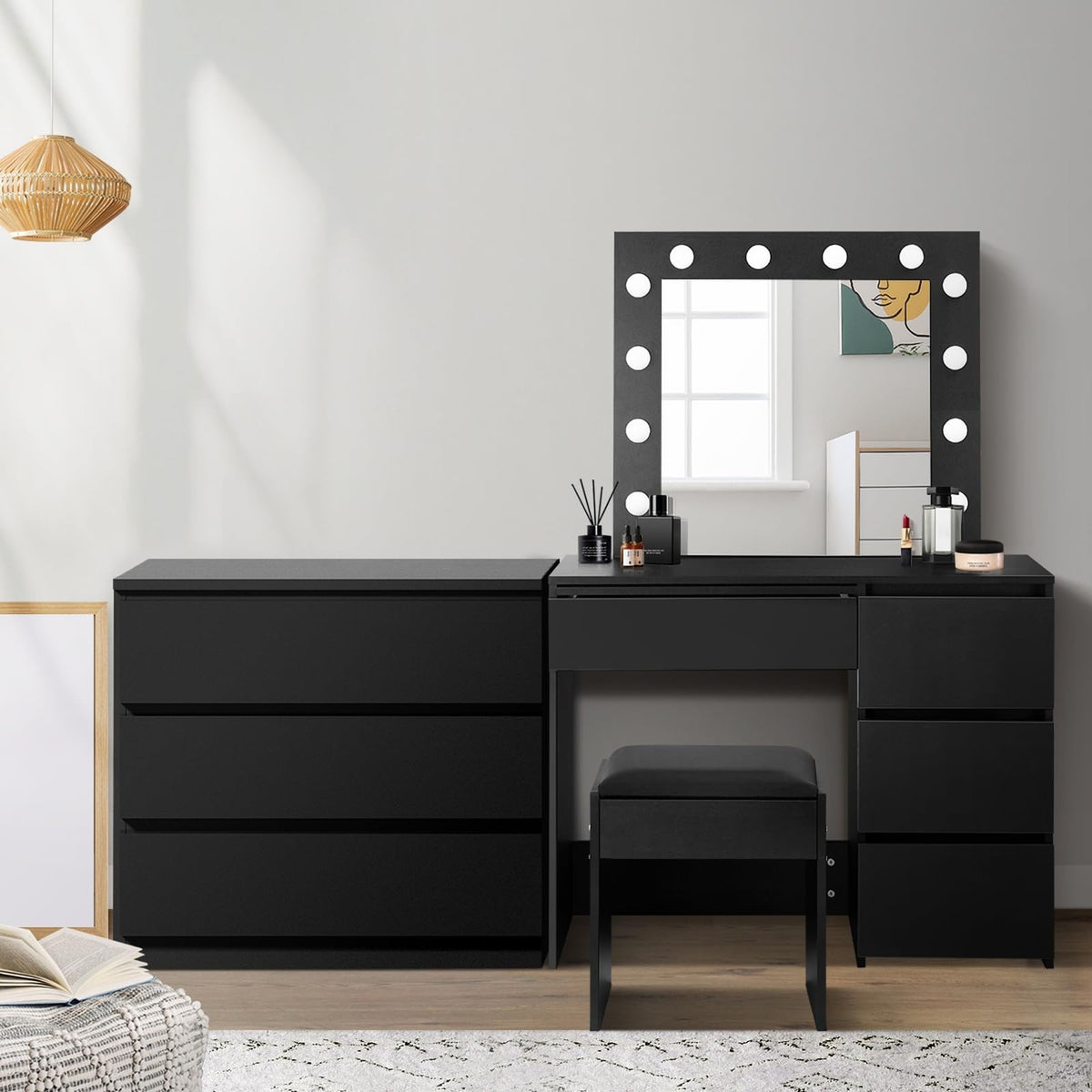 Oikiture Vanity with Mirror and 4 Drawer, 3 Side Chest Drawers, Black
