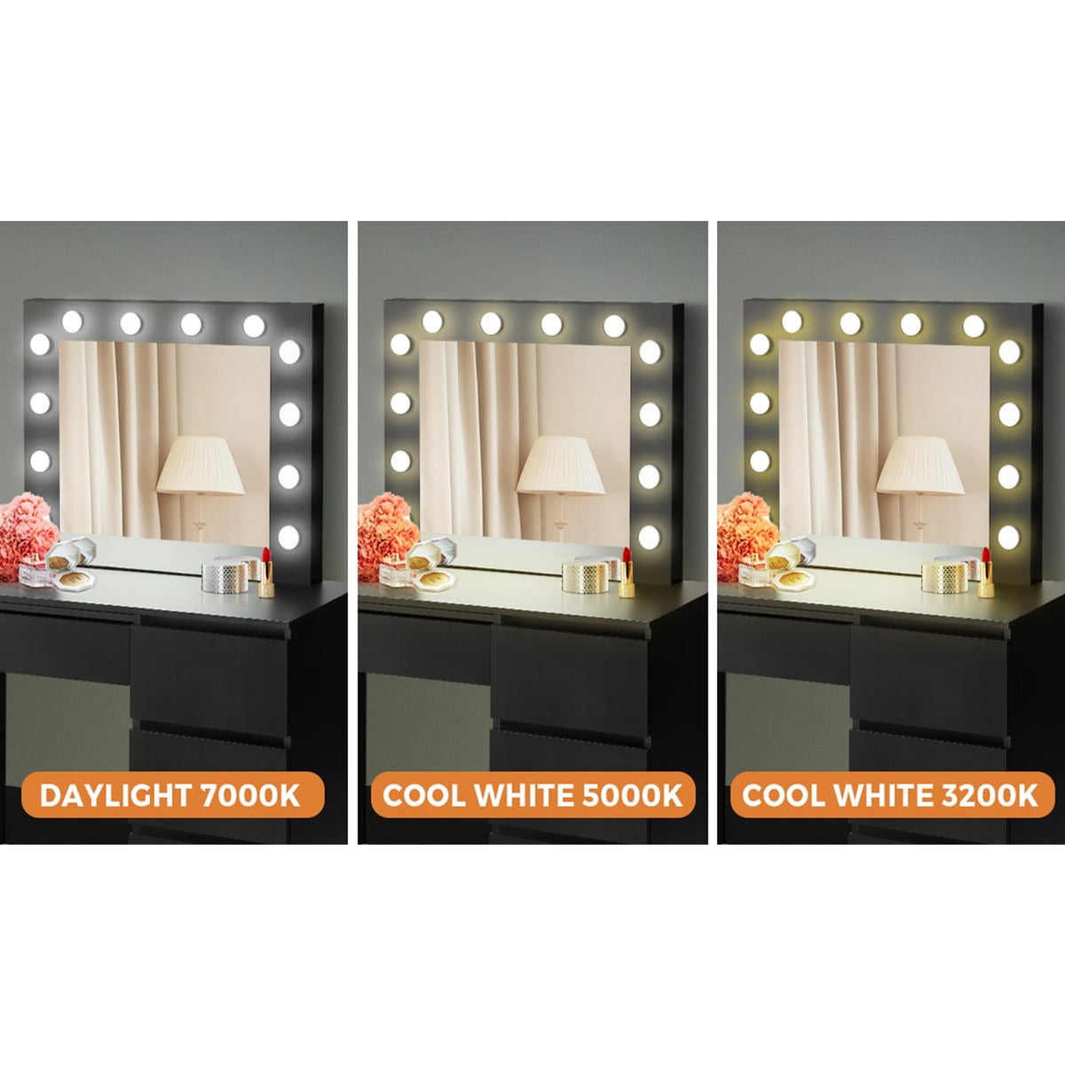 Oikiture Vanity with Mirror and 4 Drawer, 3 Side Chest Drawers, Black