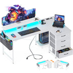 ODK Corner Desk with 4 Fabric Drawers, Reversible Desk L Shape with 2 Sockets and 2 USB Charging Ports, Gaming Table L Shape with LED & Monitor Stand for Home Office (White, 140 x 80 x 85.9 cm)